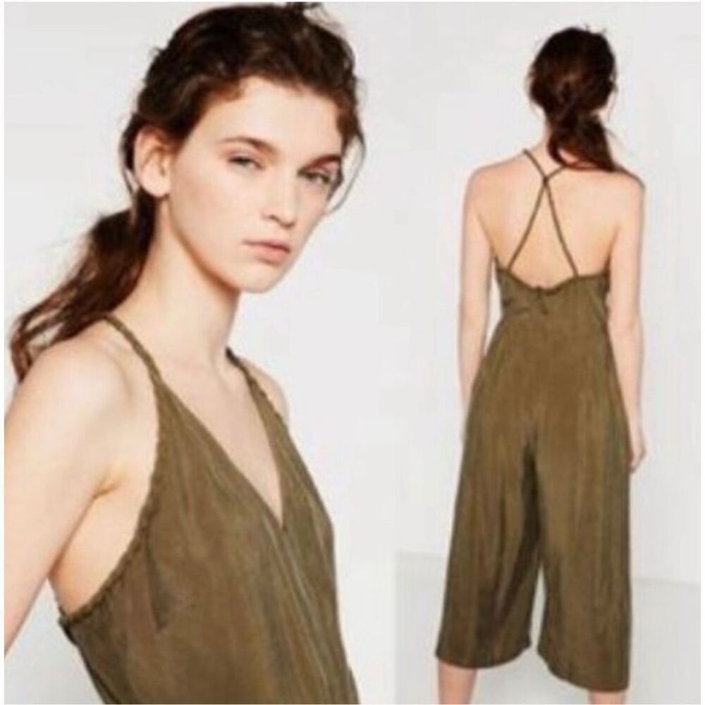 Zara Basic Braided Sleeveless Cropped Wide Leg Jumpsuit Olive‎ Green Size Small